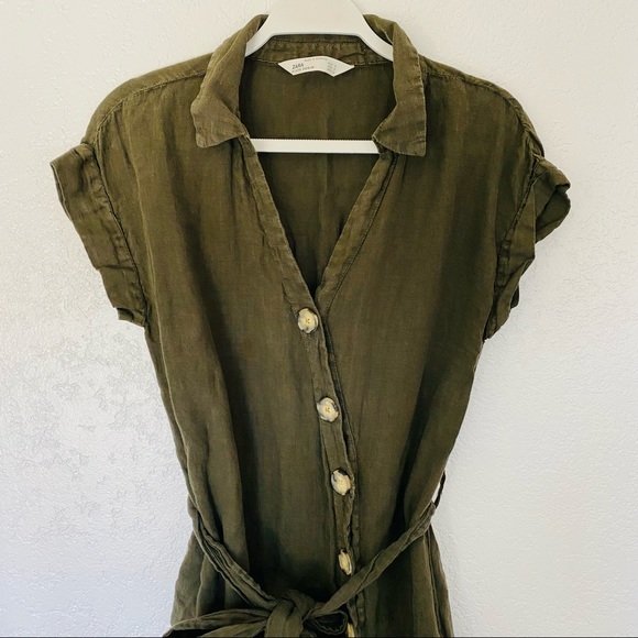 Zara olive linen mini button asymmetrical dress - Picture 7 of 8